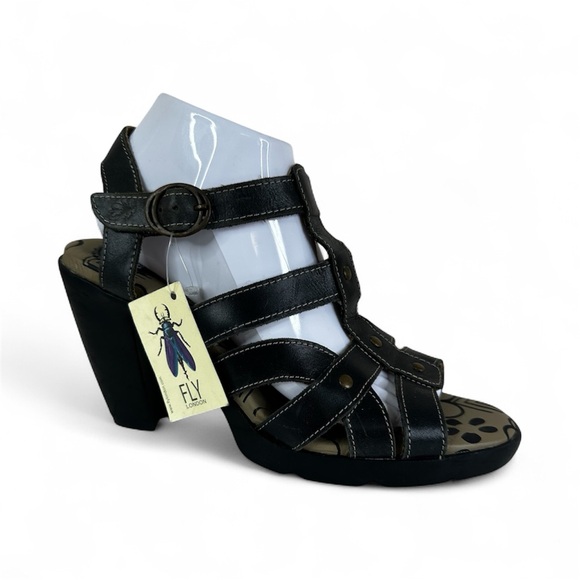 NEW Fly London Sandals Womens 40/ US 9-9.5 Black Strappy Leather Block Heels - Picture 1 of 9